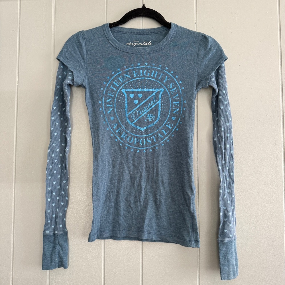 Aeropostale Indie 2000s Heart Print Layered Look Thermal T-Shirt Womens XS Blue
